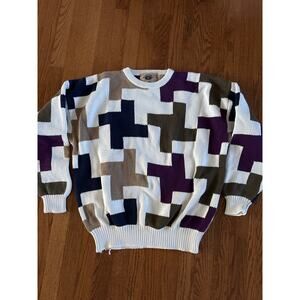 Vintage Saratoga By Robert Peritz Sweater Cotton Knit Purple Cream Geometric M